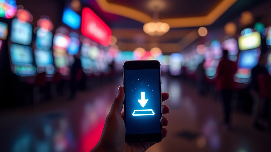 Smartphone mit Downloadanzeige in düsterer Casino-Atmosphäre