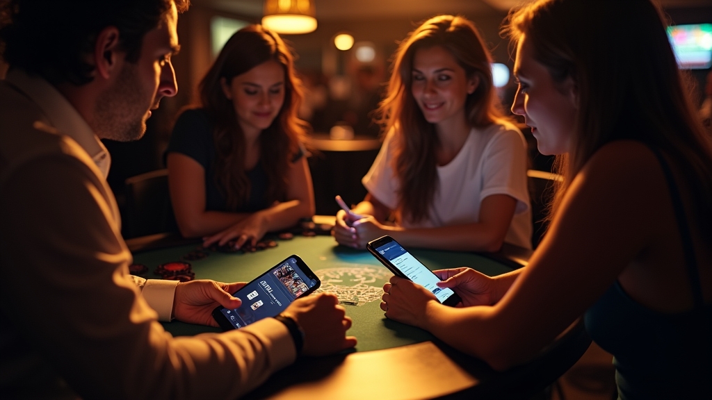 Spieler besprechen Auszahlungserfahrungen in einer dunklen Casino-Lounge