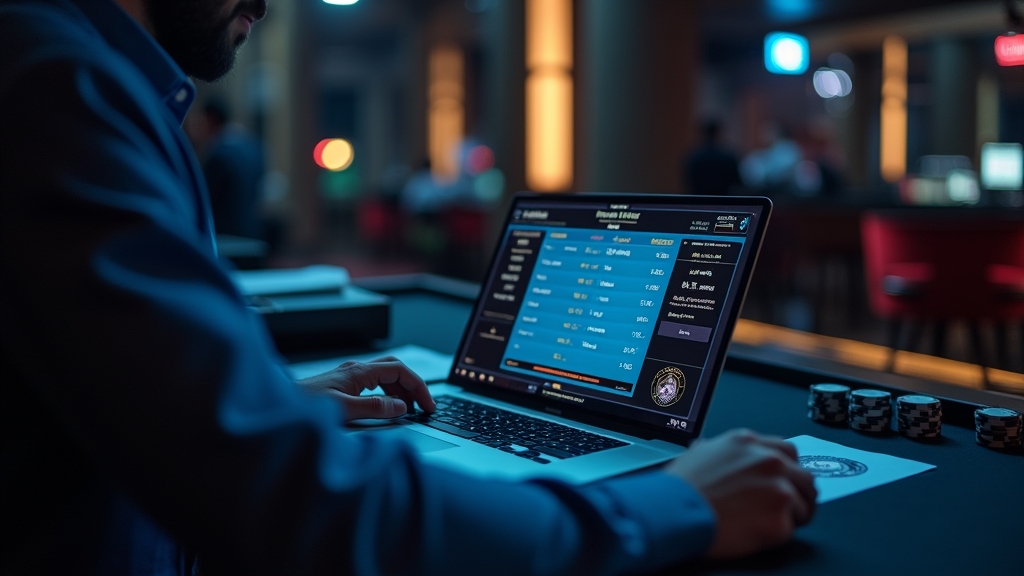 Spieler prüft Auszahlungsdaten am Laptop in einem dunklen Casino-Setting