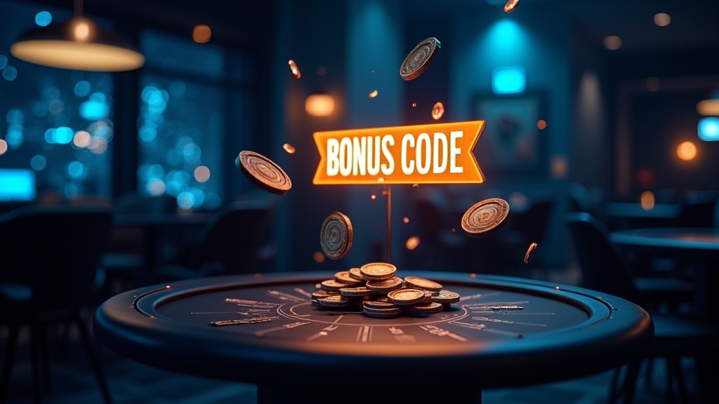 Dunkles Casino mit Bonusanzeige und leuchtendem Promo-Code