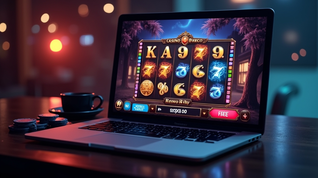 Ein Spieler testet einen Slot im Demo-Modus auf einem Laptop in dunkler Casino-Atmosphäre.