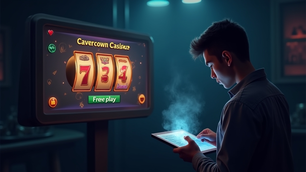 Ein kostenloser Spielmodus wird auf einem Tablet in einer dunklen Casino-Szene ausgewählt.