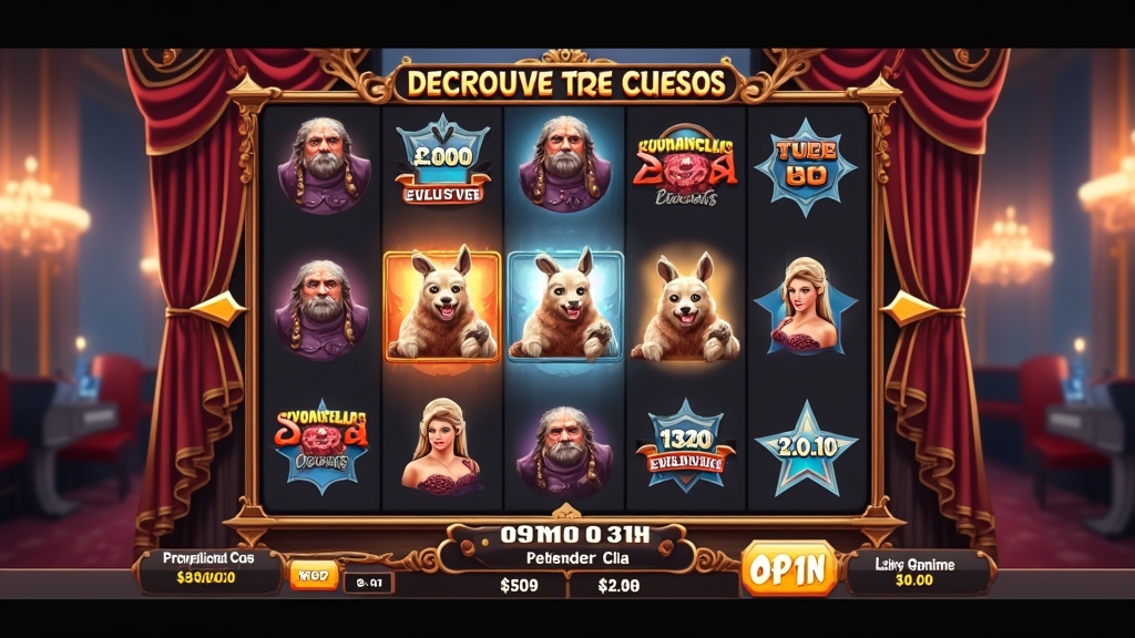 Eine Slot-Demo mit Symbolen und Informationsfeldern in einer dunklen Casino-Atmosphäre.